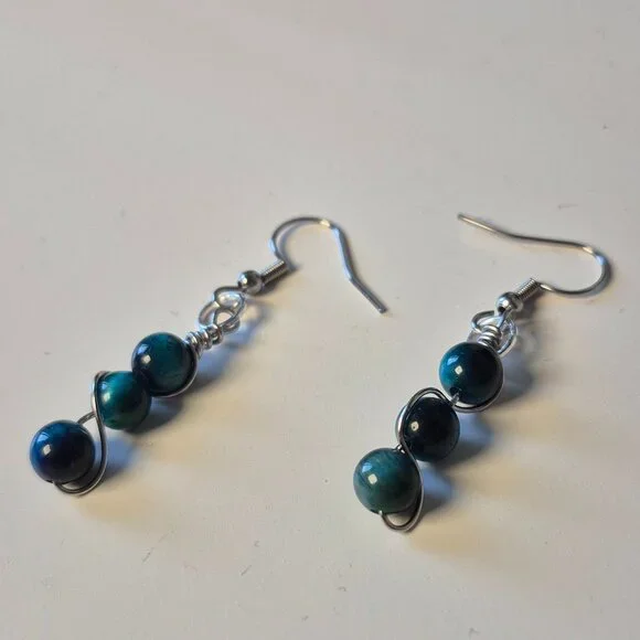AAA BLUE TIGER'S EYE Earrings Wire-Wrapped - Picture 3 of 8